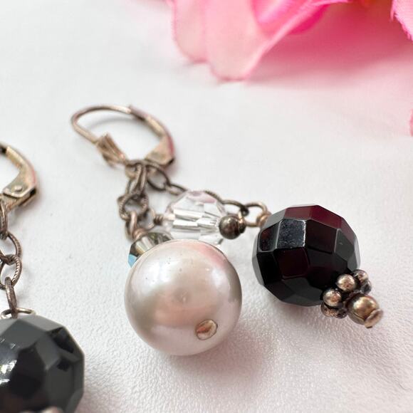 925 Silver Pearl Crystal Glass Beaded Dangle Cha Cha Earrings Black White Boho - Picture 6 of 12